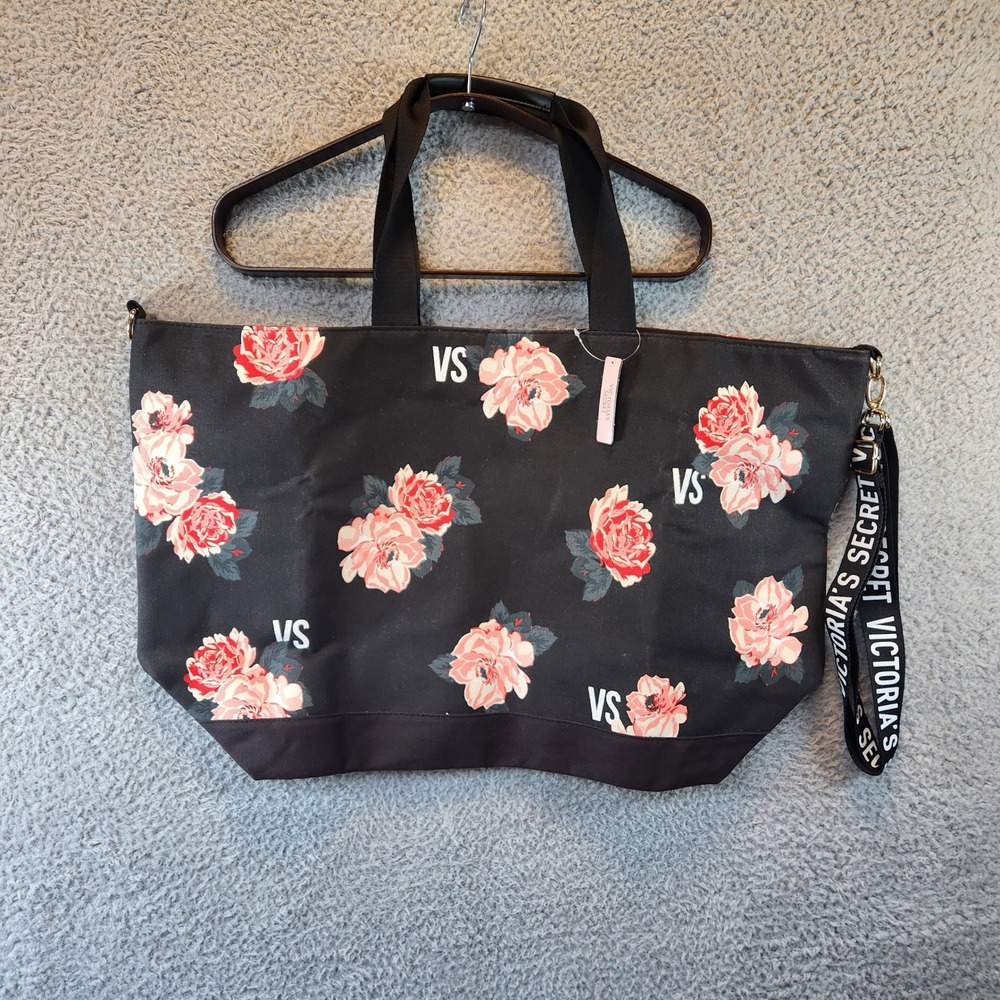Victoria's Secret Floral Tote Bag Black Carryall Purse Cottagecore Corquette NWT